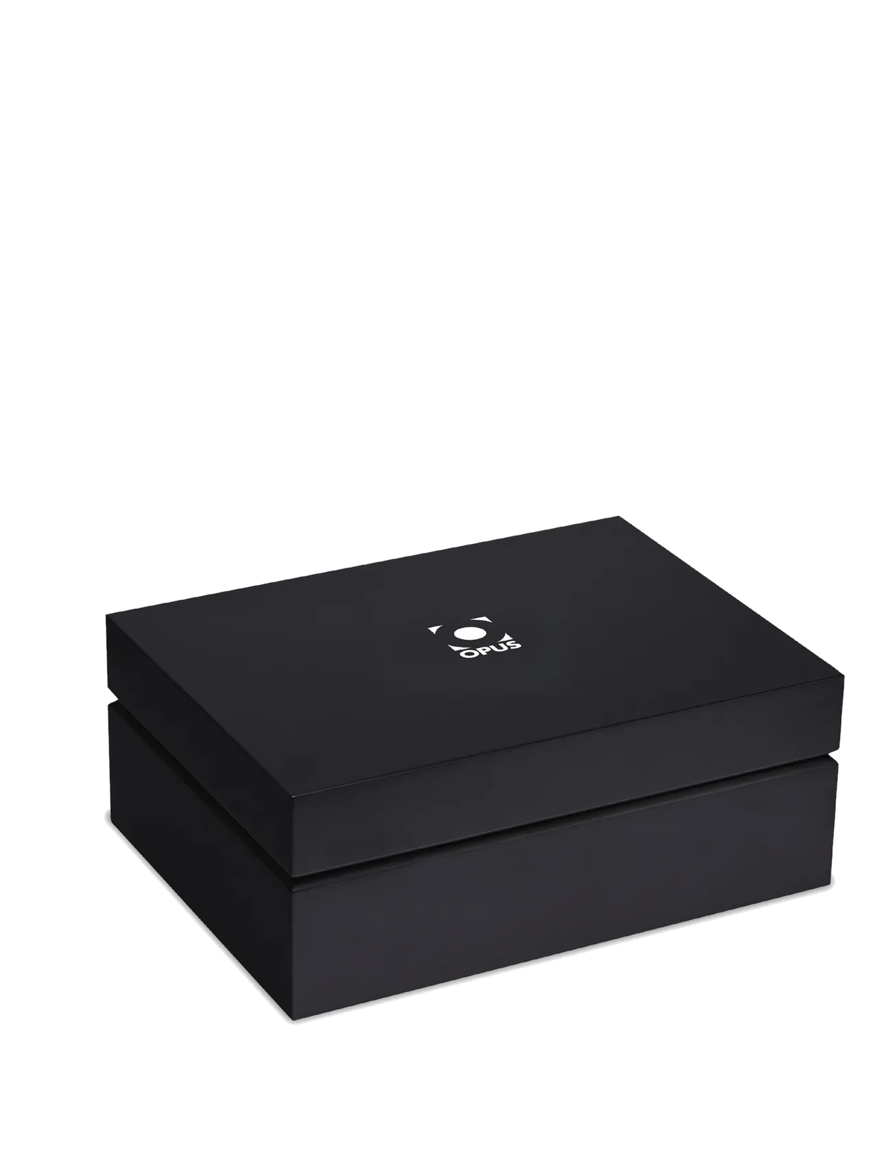 Opus America presentation box, closed, matte black with Opus insignia