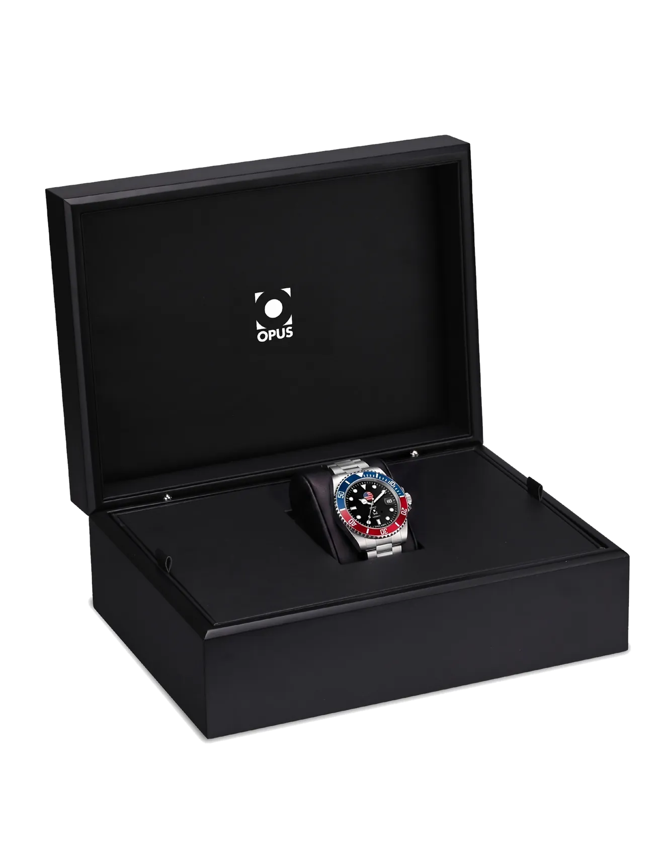 Opus America presentation box, open, showing the watch